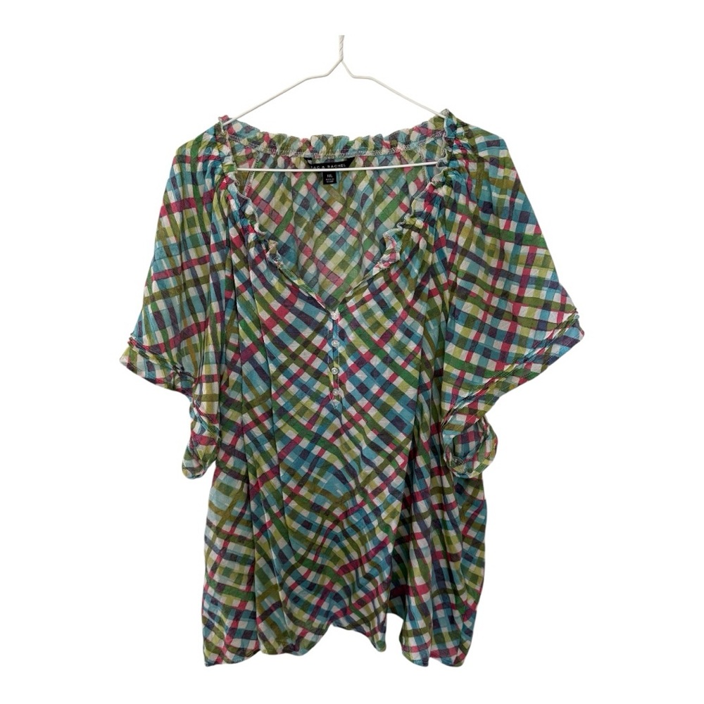 Zac & Rachel Colourful Blouse Plaid Pink Green Short Sleeve V Neck Women XXL